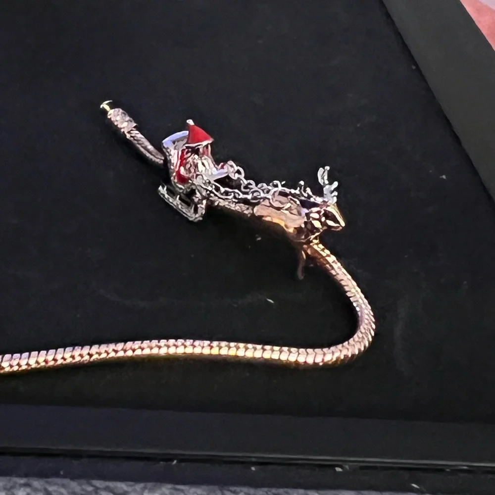 Double Christmas Charm Silver Santa Claus Charm Chained To A Reindeer Charm - Picture 6 of 7